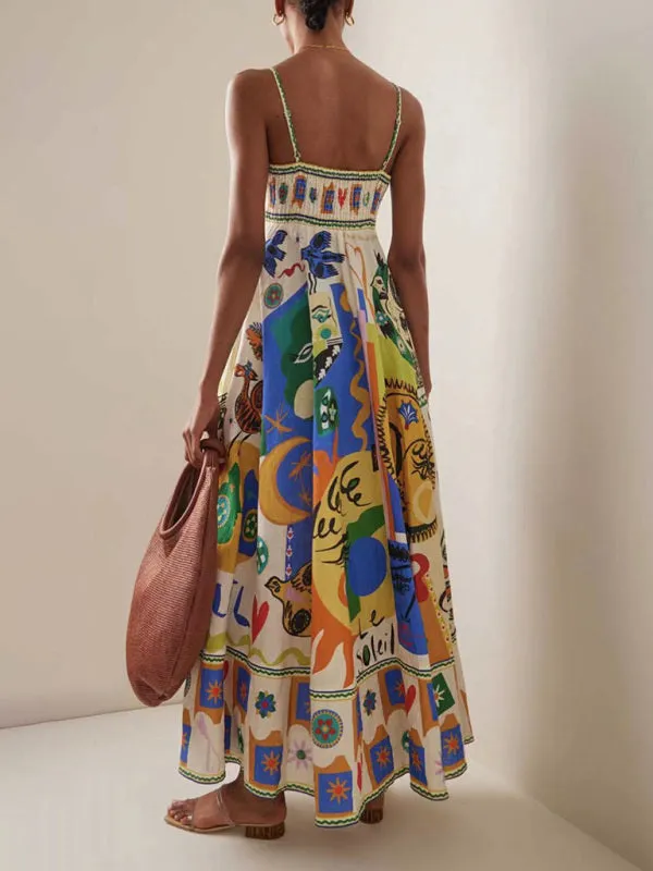 Graffiti Print Long Dress with Square Neck and Spaghetti Straps