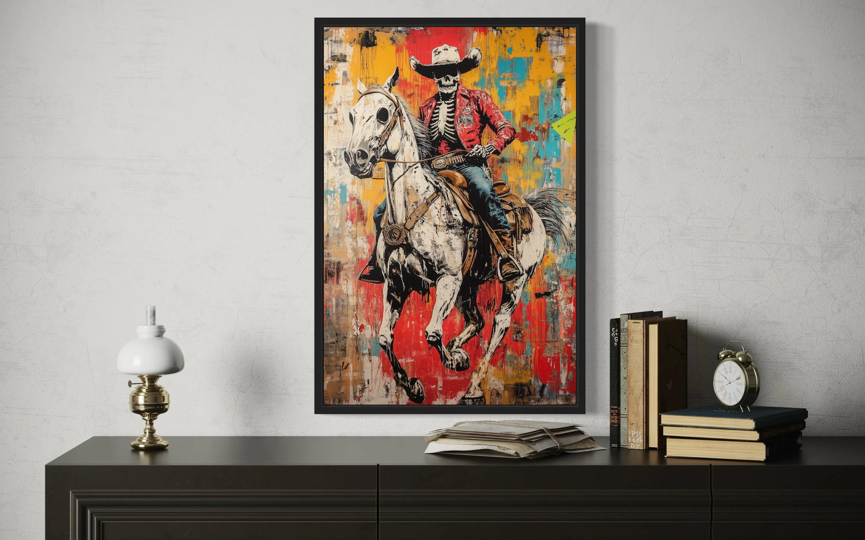 Graffiti Skeleton Cowboy on Horse Framed Canvas Wall Art For Man Cave Decor