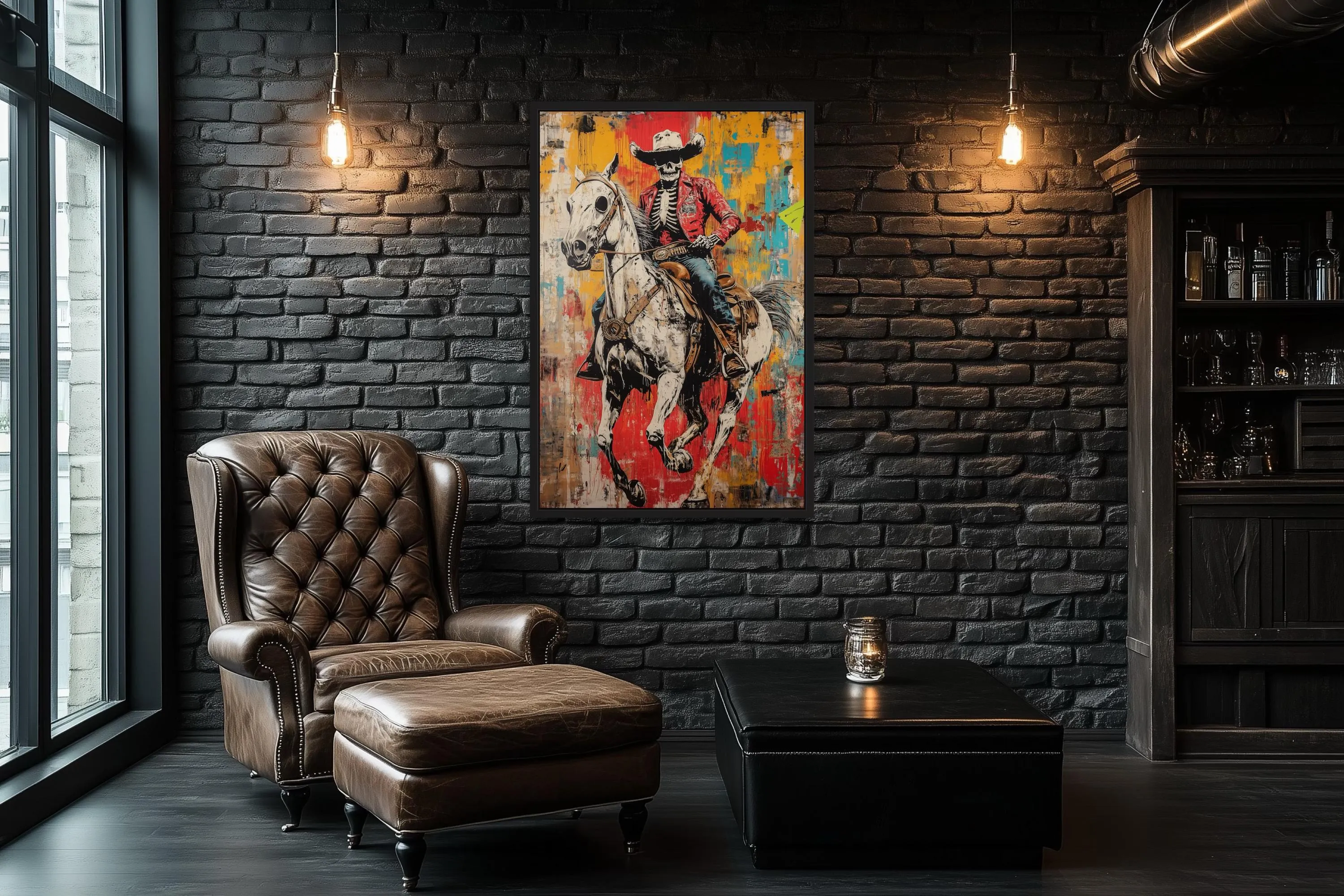 Graffiti Skeleton Cowboy on Horse Framed Canvas Wall Art For Man Cave Decor