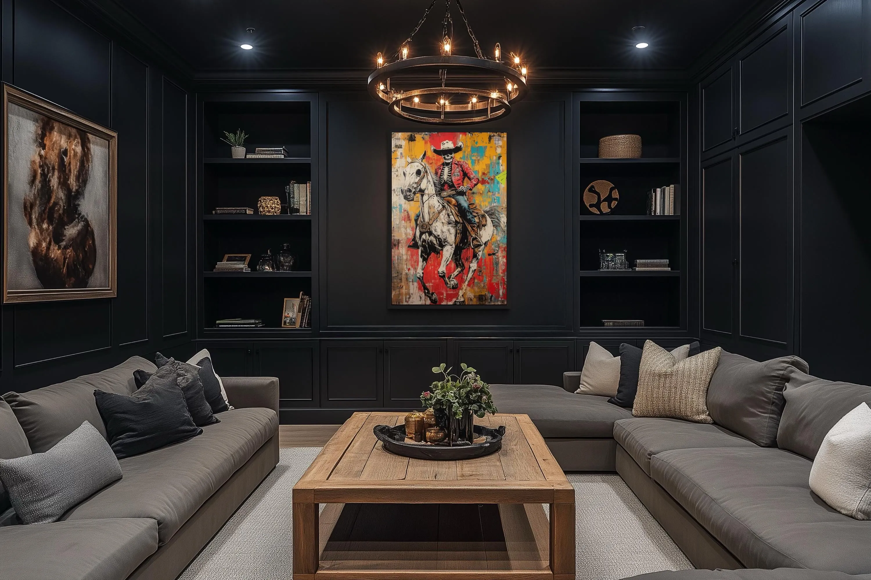 Graffiti Skeleton Cowboy on Horse Framed Canvas Wall Art For Man Cave Decor