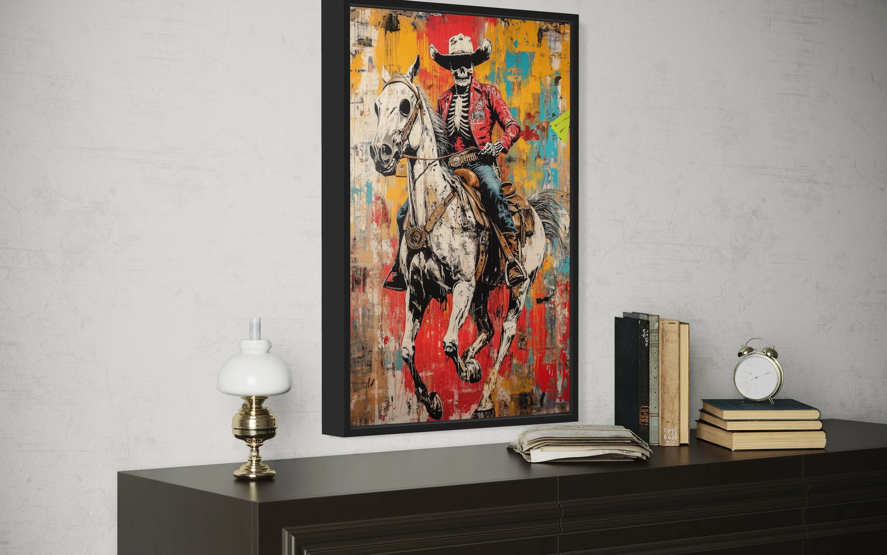 Graffiti Skeleton Cowboy on Horse Framed Canvas Wall Art For Man Cave Decor