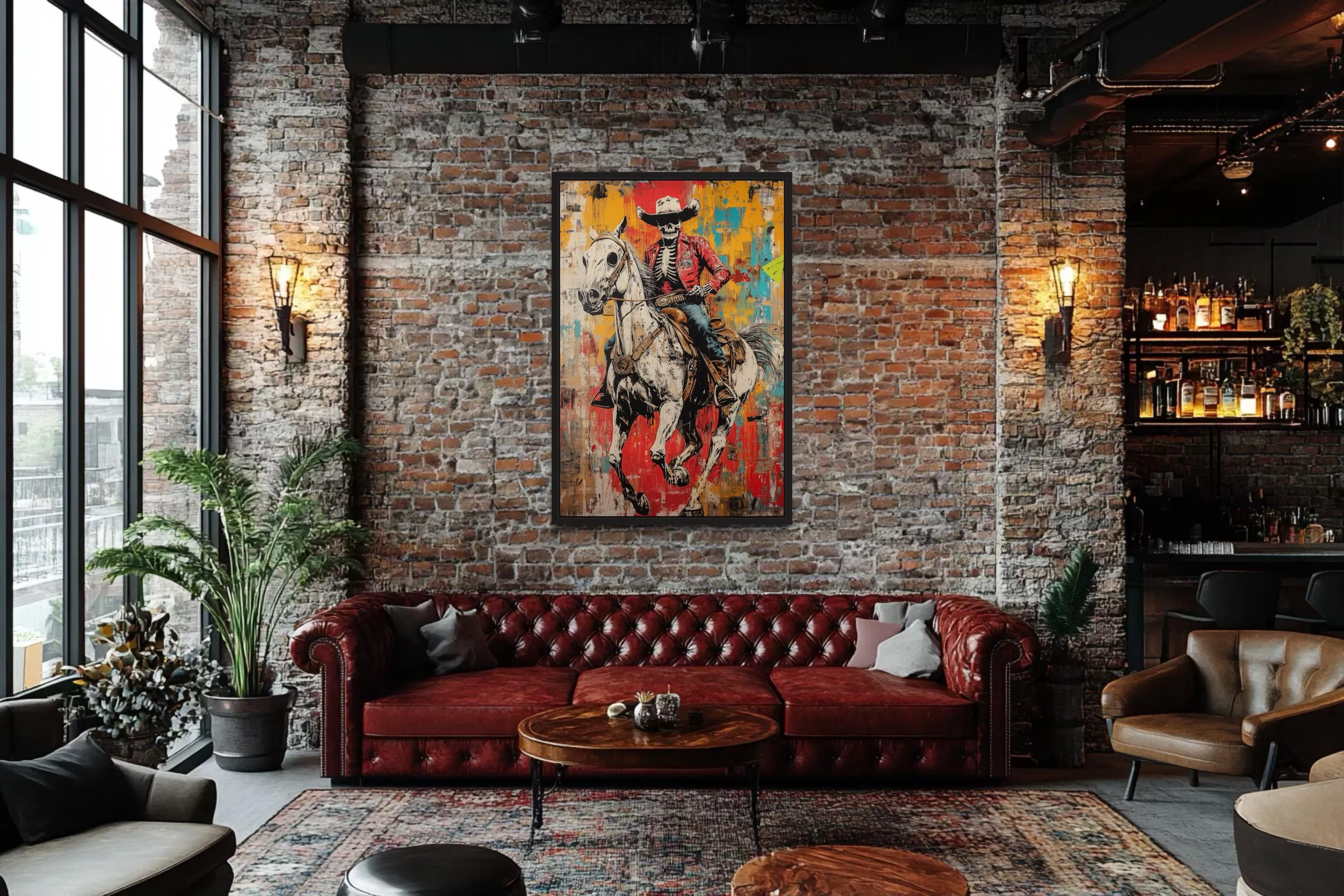Graffiti Skeleton Cowboy on Horse Framed Canvas Wall Art For Man Cave Decor
