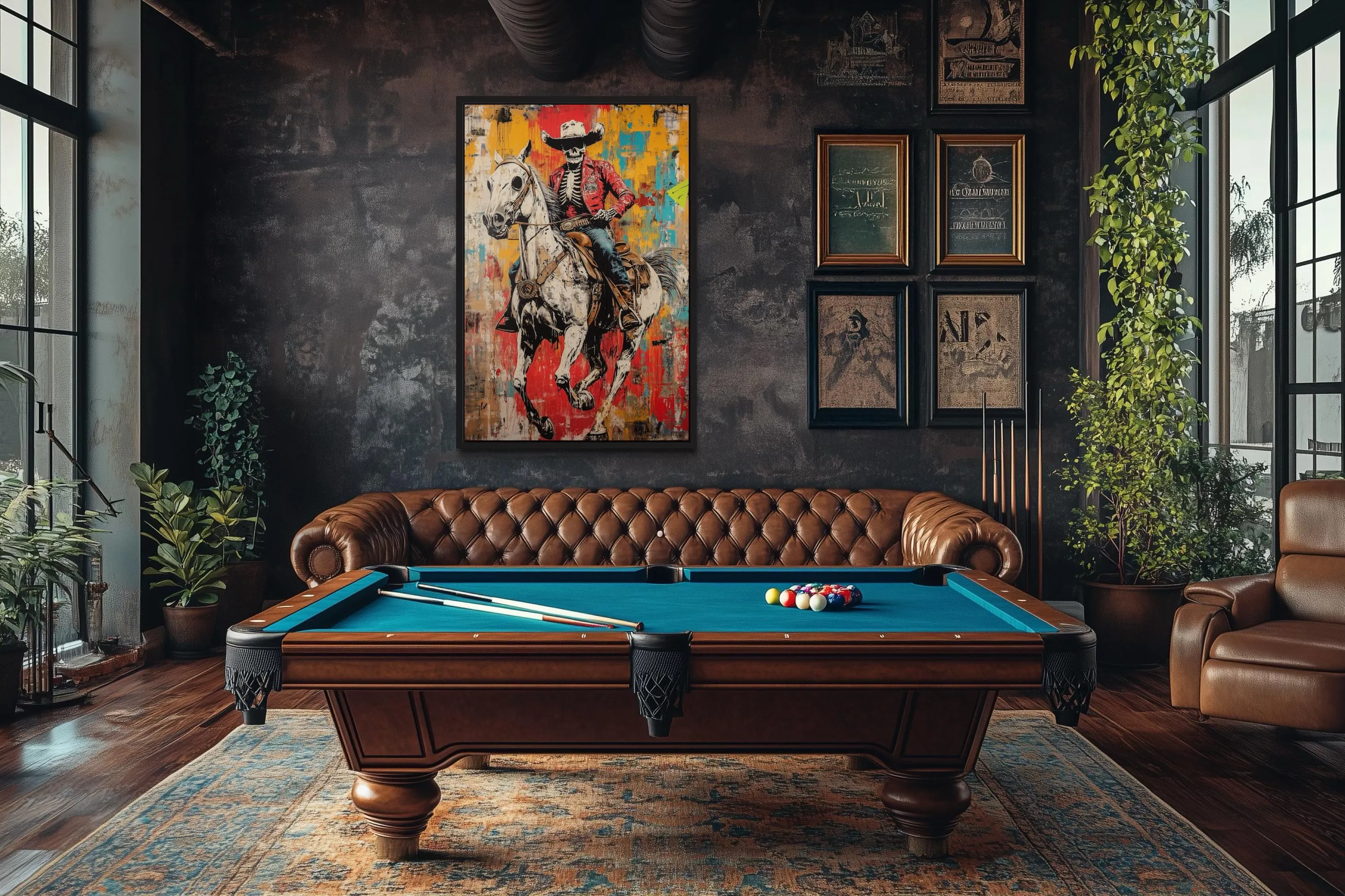 Graffiti Skeleton Cowboy on Horse Framed Canvas Wall Art For Man Cave Decor