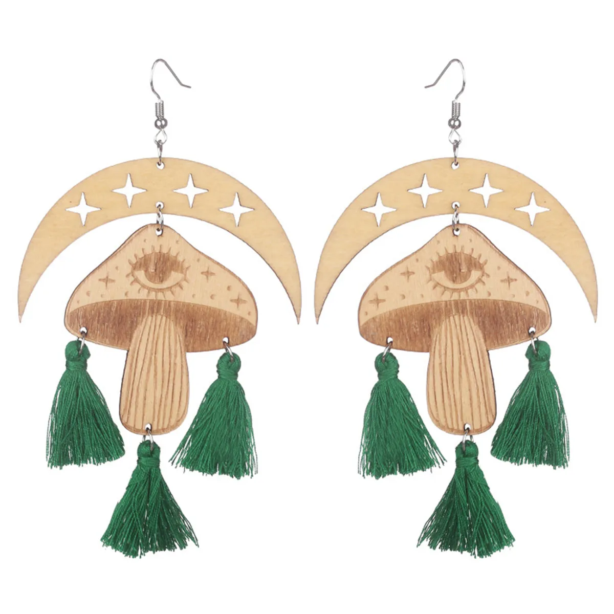 Green & Light Brown Moon Mushroom Tassel-Accent Drop Earrings