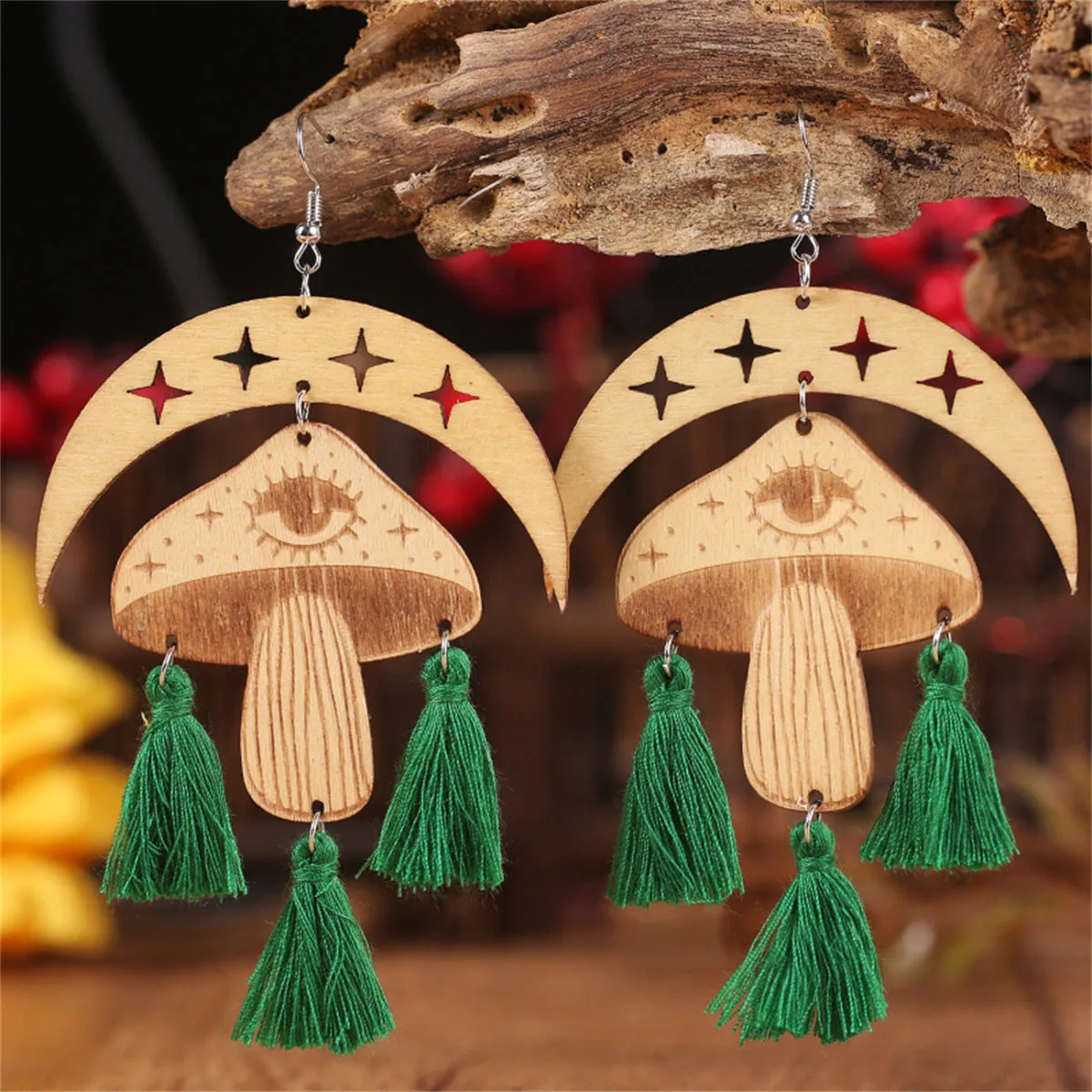 Green & Light Brown Moon Mushroom Tassel-Accent Drop Earrings