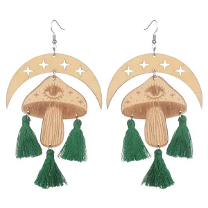 Green & Light Brown Moon Mushroom Tassel-Accent Drop Earrings