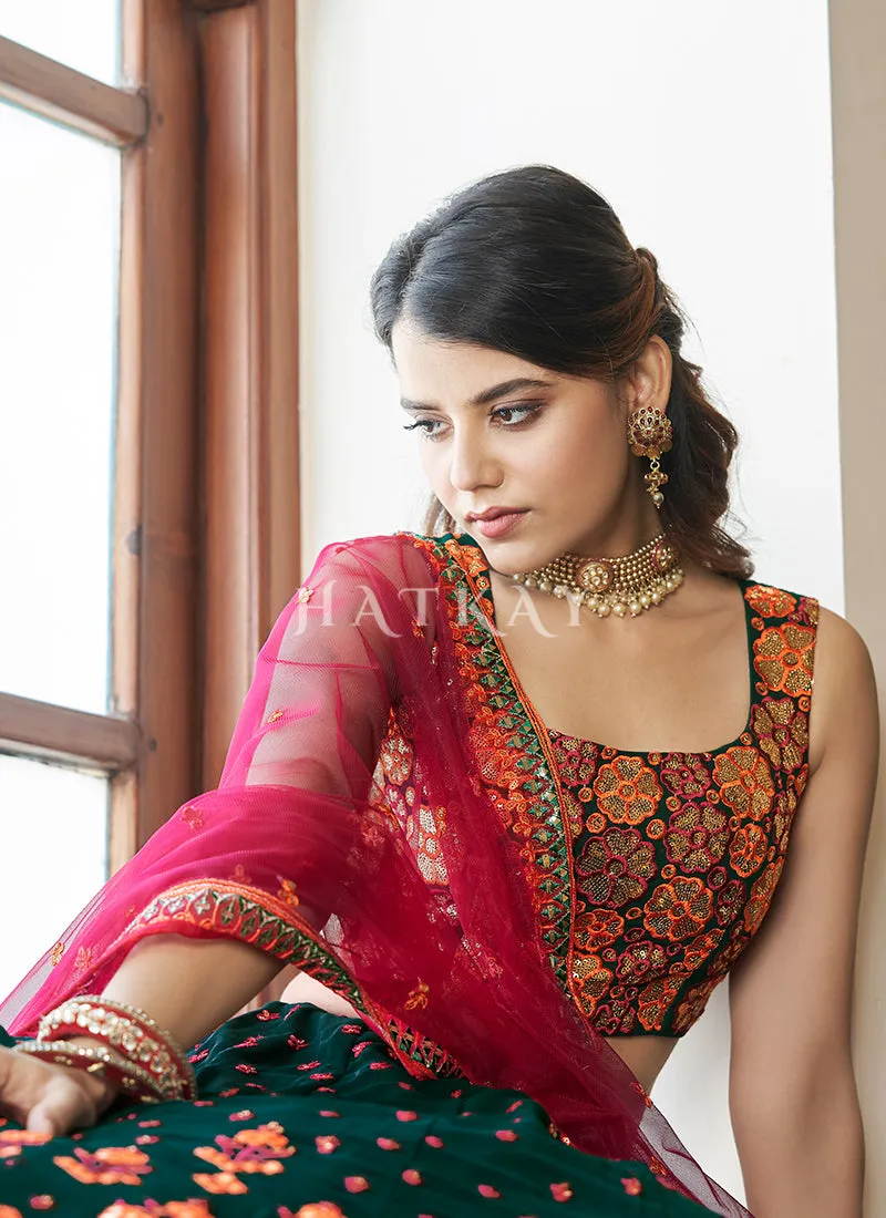 Green And Pink Embroidered Wedding Lehenga Choli