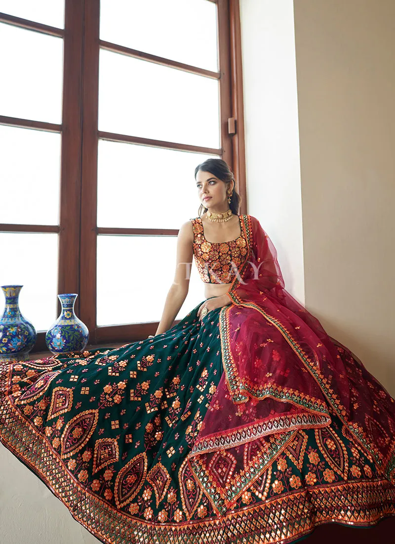 Green And Pink Embroidered Wedding Lehenga Choli