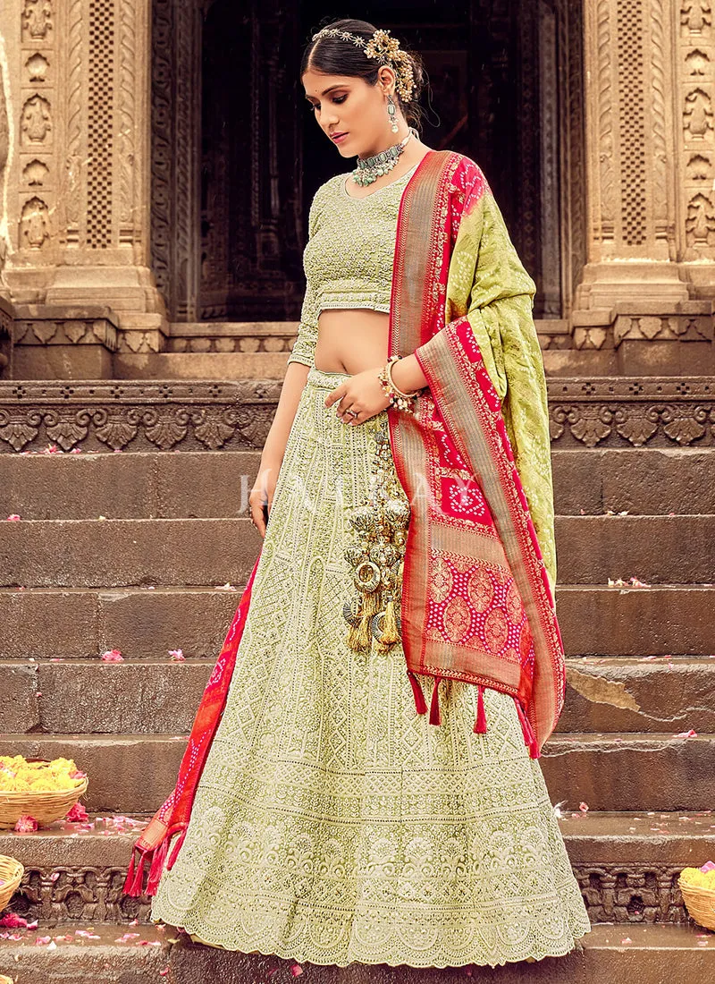 Green And Pink Embroidery Georgette Lehenga Choli