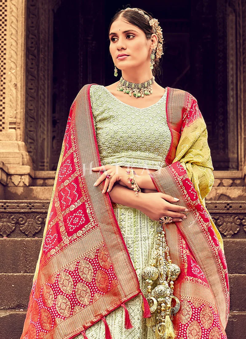 Green And Pink Embroidery Georgette Lehenga Choli
