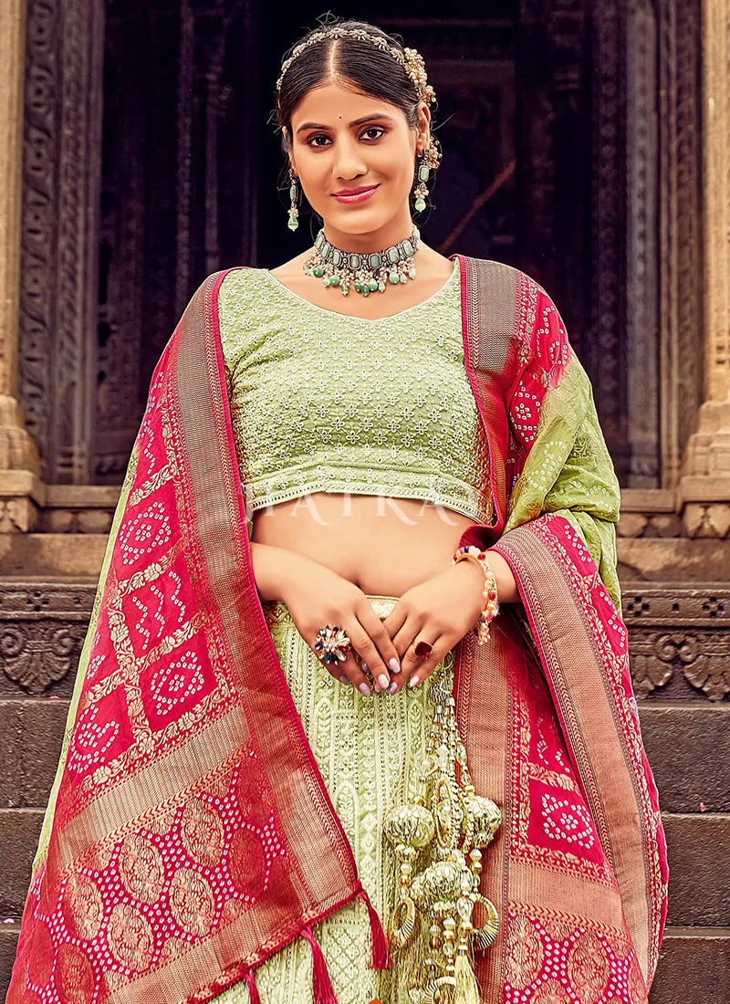 Green And Pink Embroidery Georgette Lehenga Choli