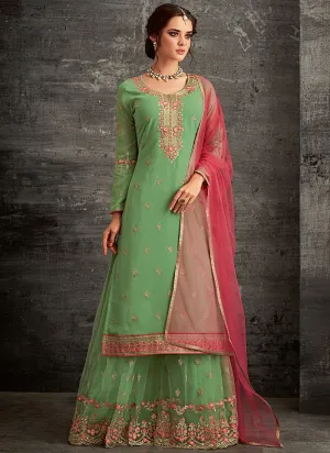 Green And Red Ethnic Embroidered Palazzo Suit