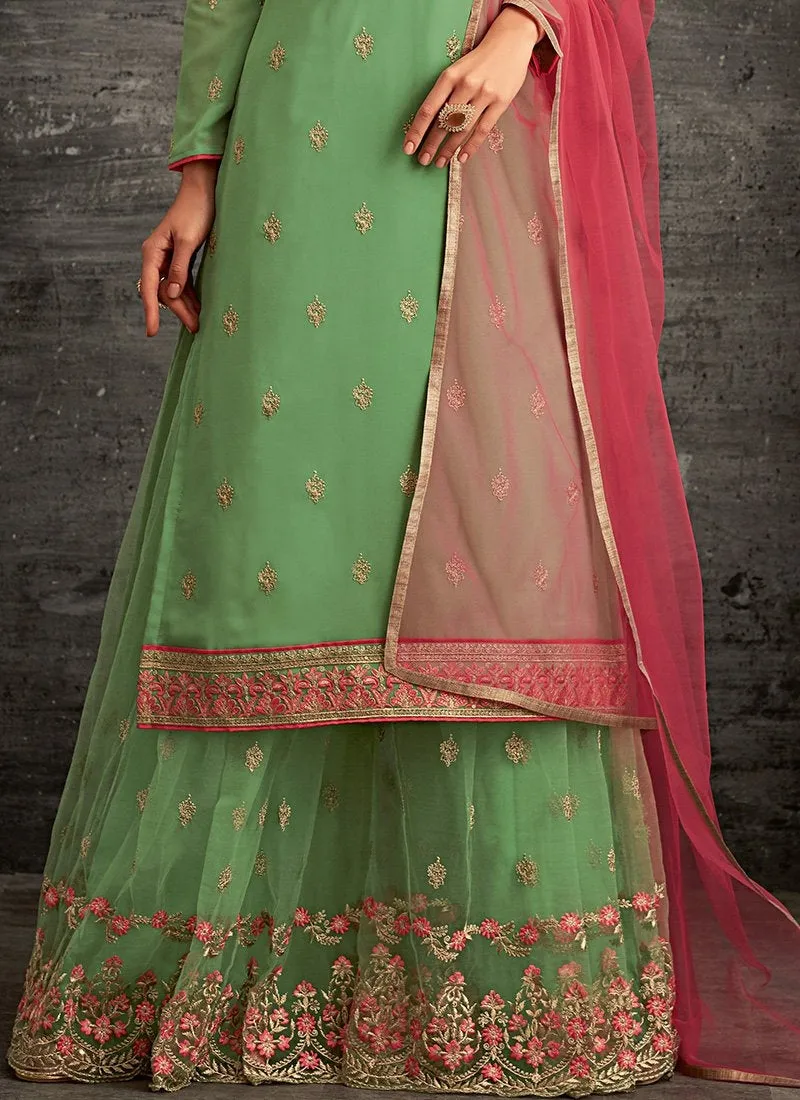 Green And Red Ethnic Embroidered Palazzo Suit