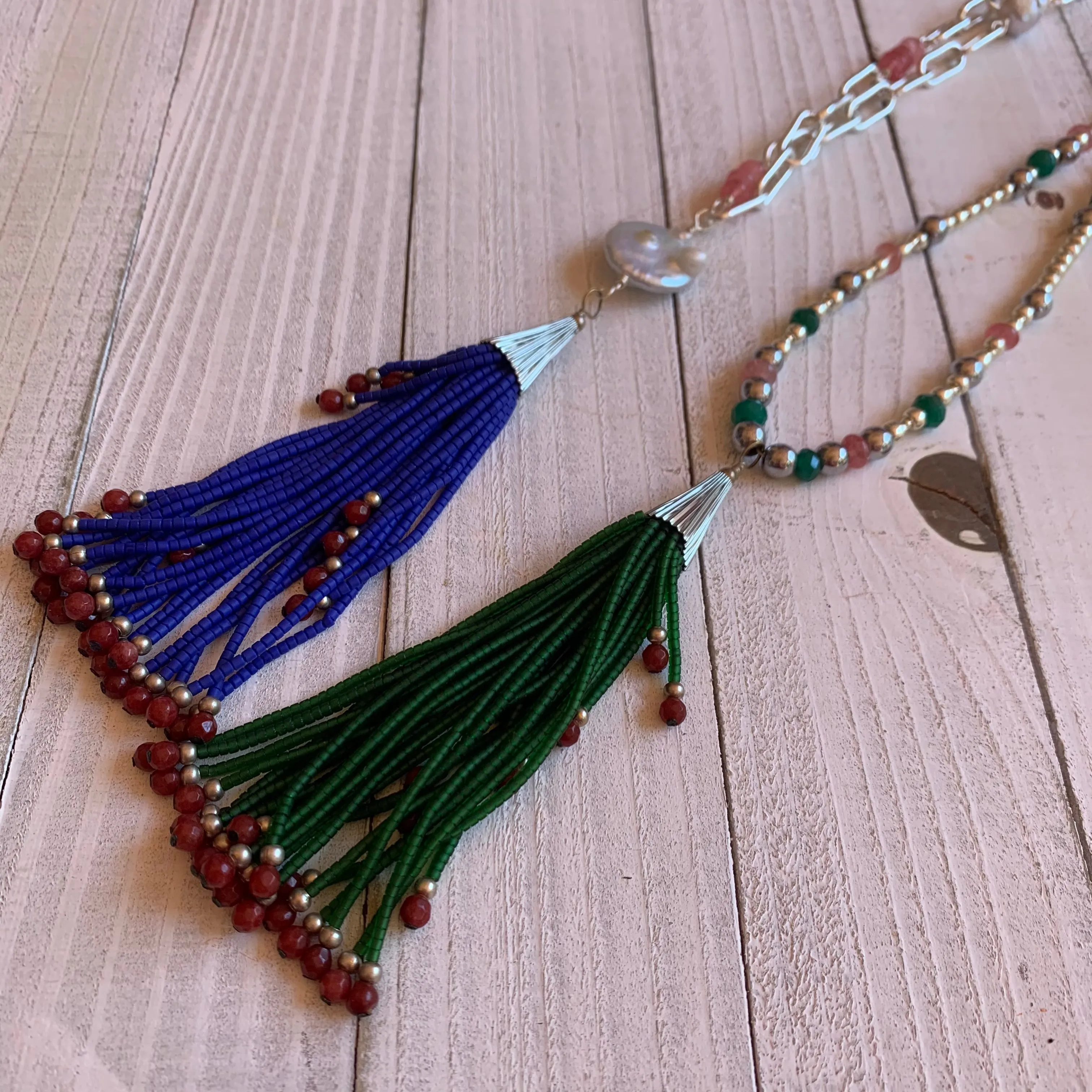 Green and Silver Tassel Necklace | Erika Williner Designs