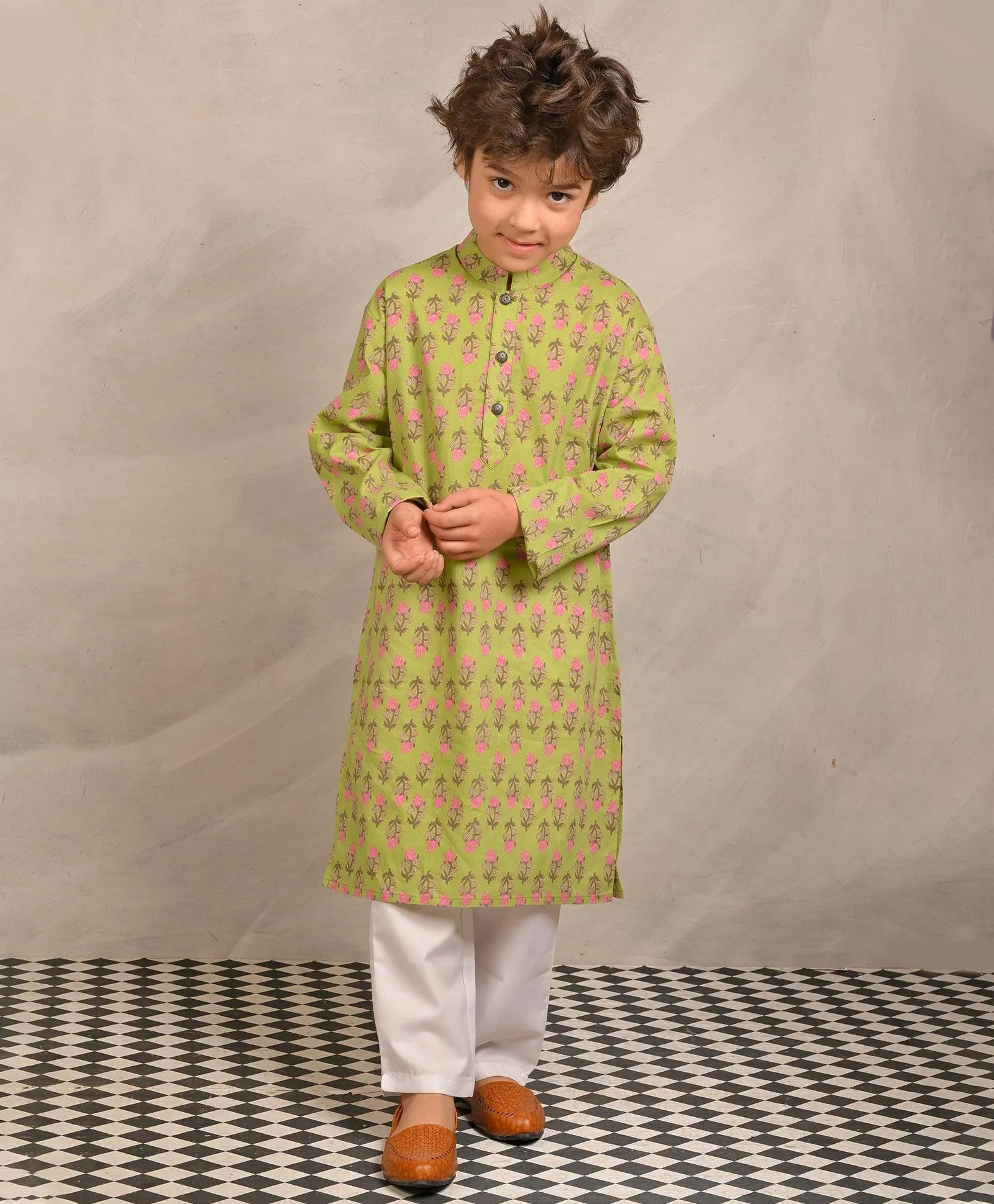 GREEN BLOCK PRINT PURE COTTON KURTA PYJAMA SET - GREEN/WHITE