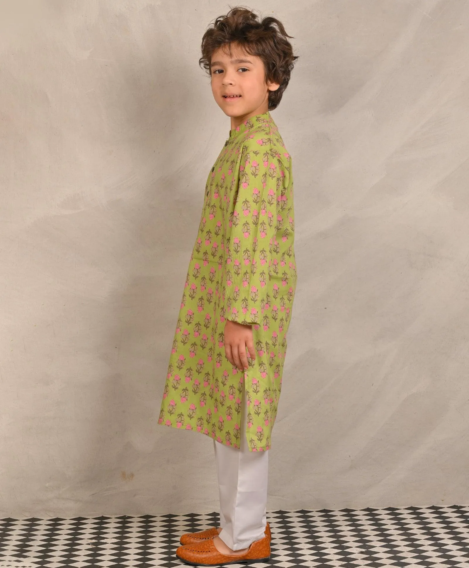 GREEN BLOCK PRINT PURE COTTON KURTA PYJAMA SET - GREEN/WHITE