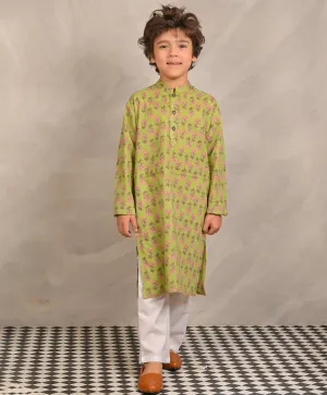 GREEN BLOCK PRINT PURE COTTON KURTA PYJAMA SET - GREEN/WHITE