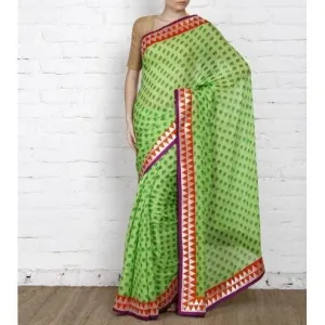 Green Block Printed Chiffon Saree