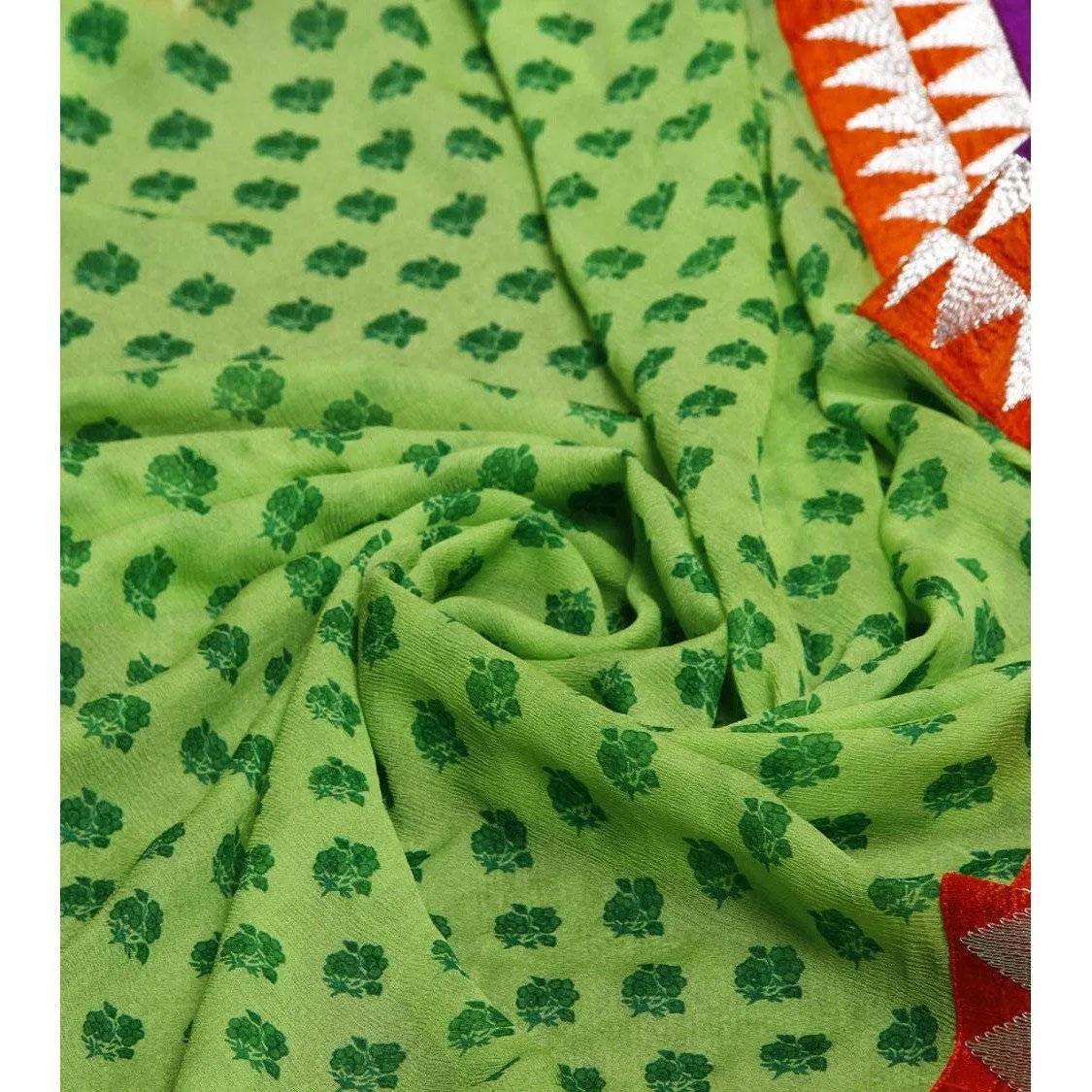 Green Block Printed Chiffon Saree