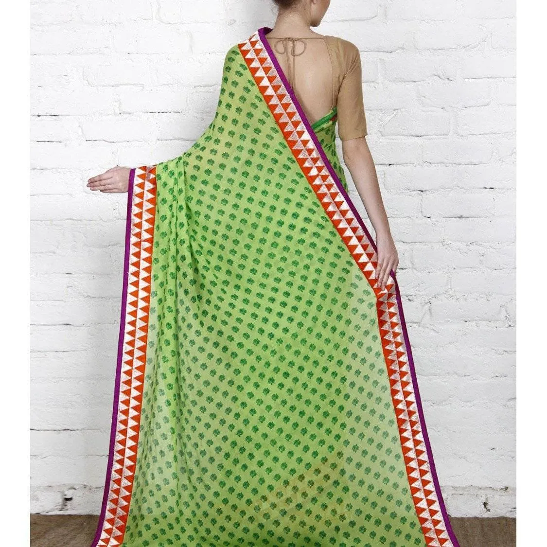 Green Block Printed Chiffon Saree