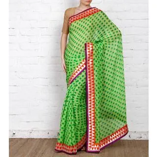 Green Block Printed Chiffon Saree