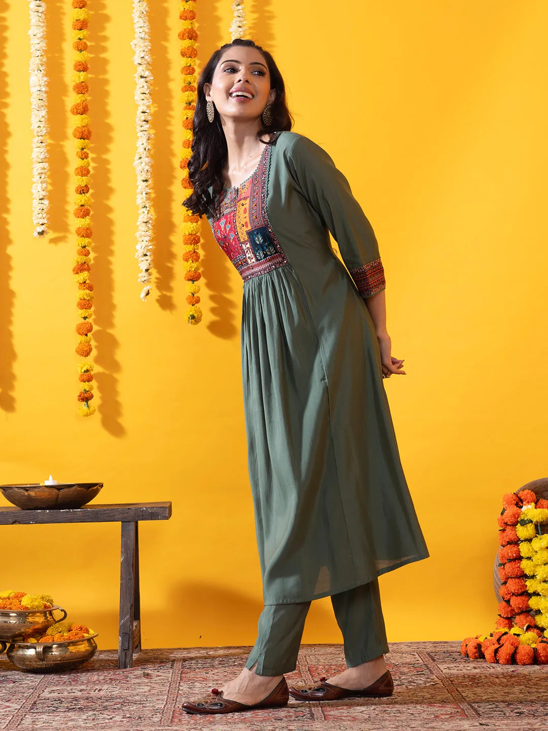 Green Chanderi Silk Suit Set with Floral Printed Dupatta and Solid Pant for women - Zola
