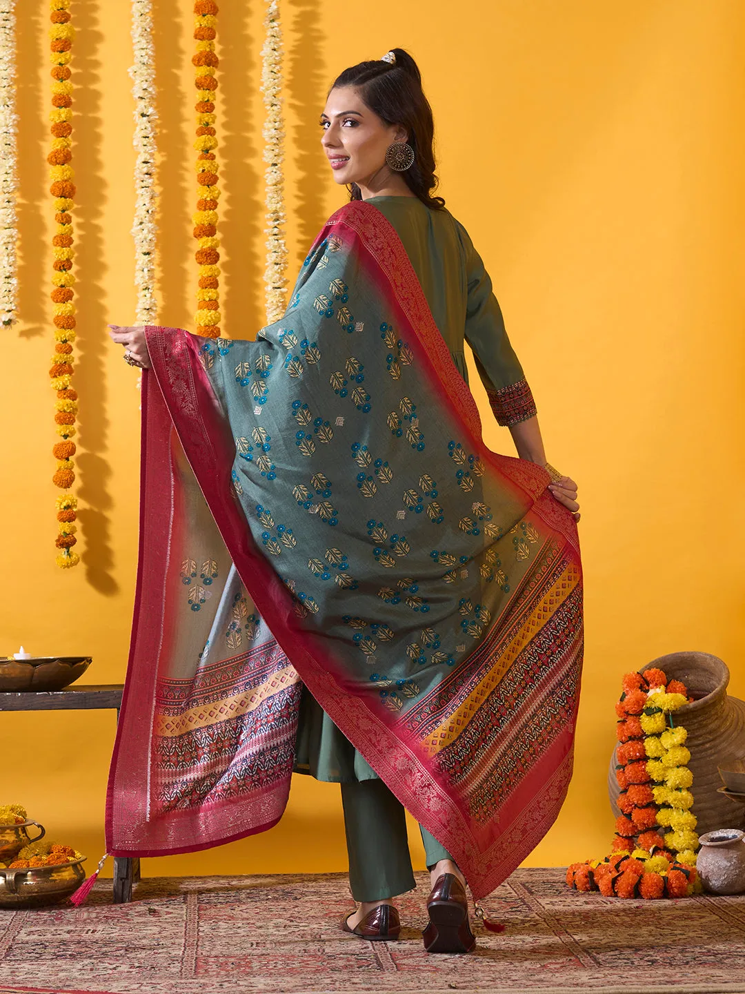 Green Chanderi Silk Suit Set with Floral Printed Dupatta and Solid Pant for women - Zola