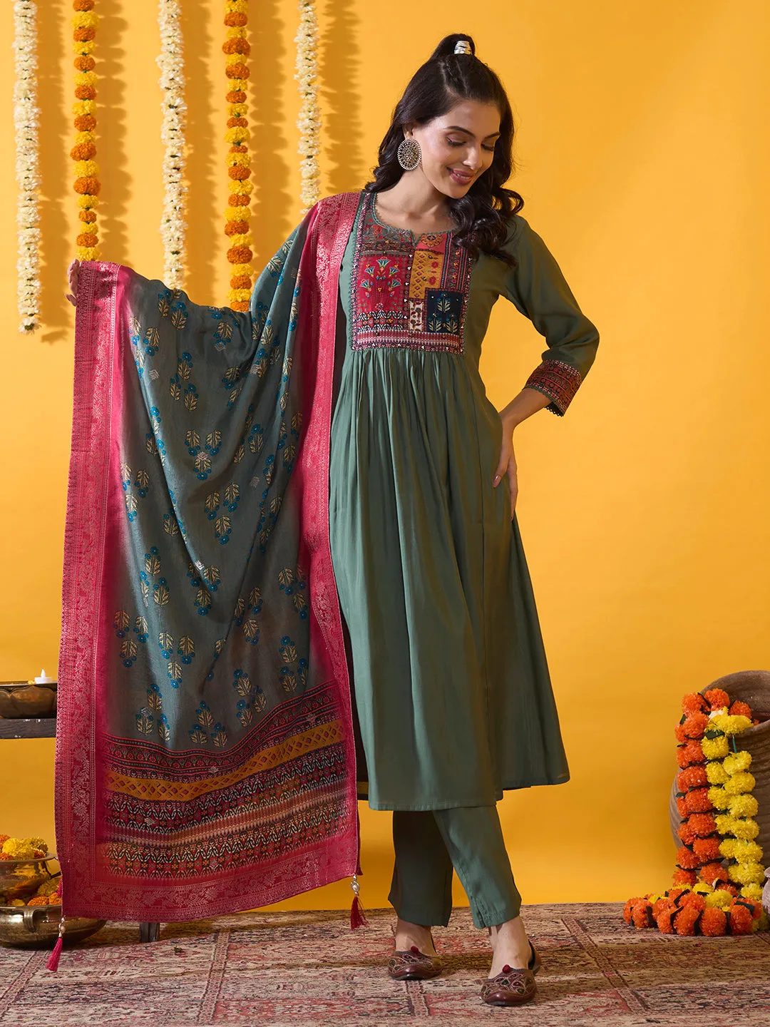 Green Chanderi Silk Suit Set with Floral Printed Dupatta and Solid Pant for women - Zola