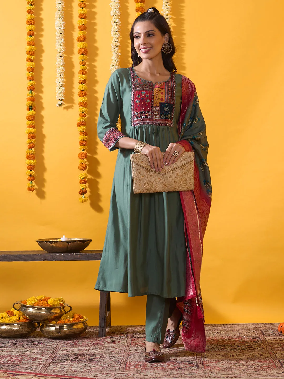 Green Chanderi Silk Suit Set with Floral Printed Dupatta and Solid Pant for women - Zola