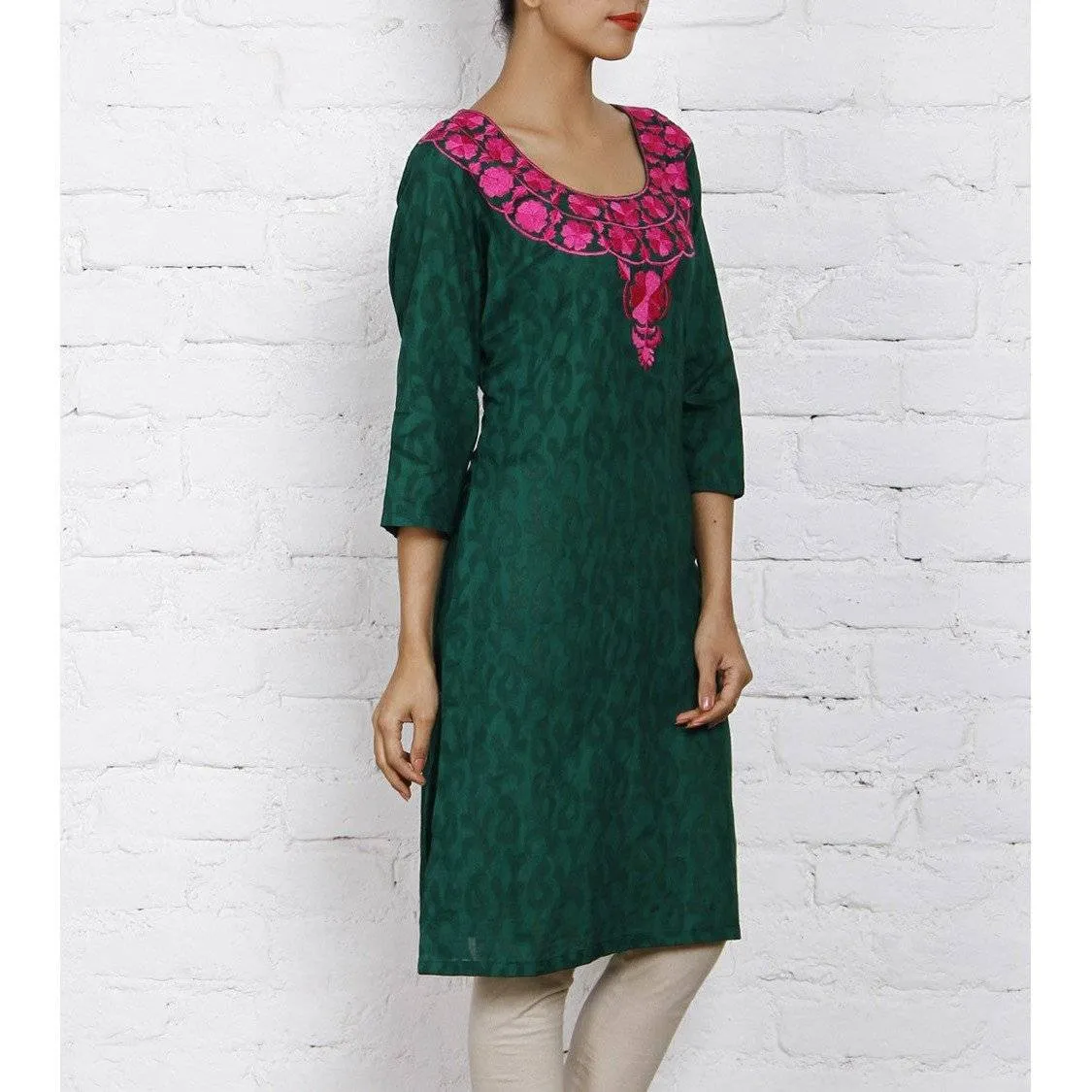 Green Cotton Jacquard Kurti (100000042555)