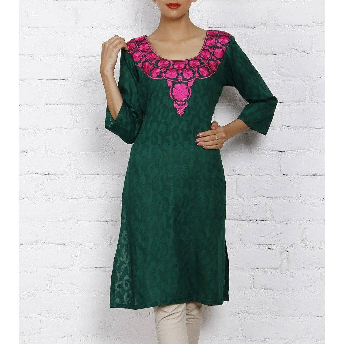 Green Cotton Jacquard Kurti (100000042555)