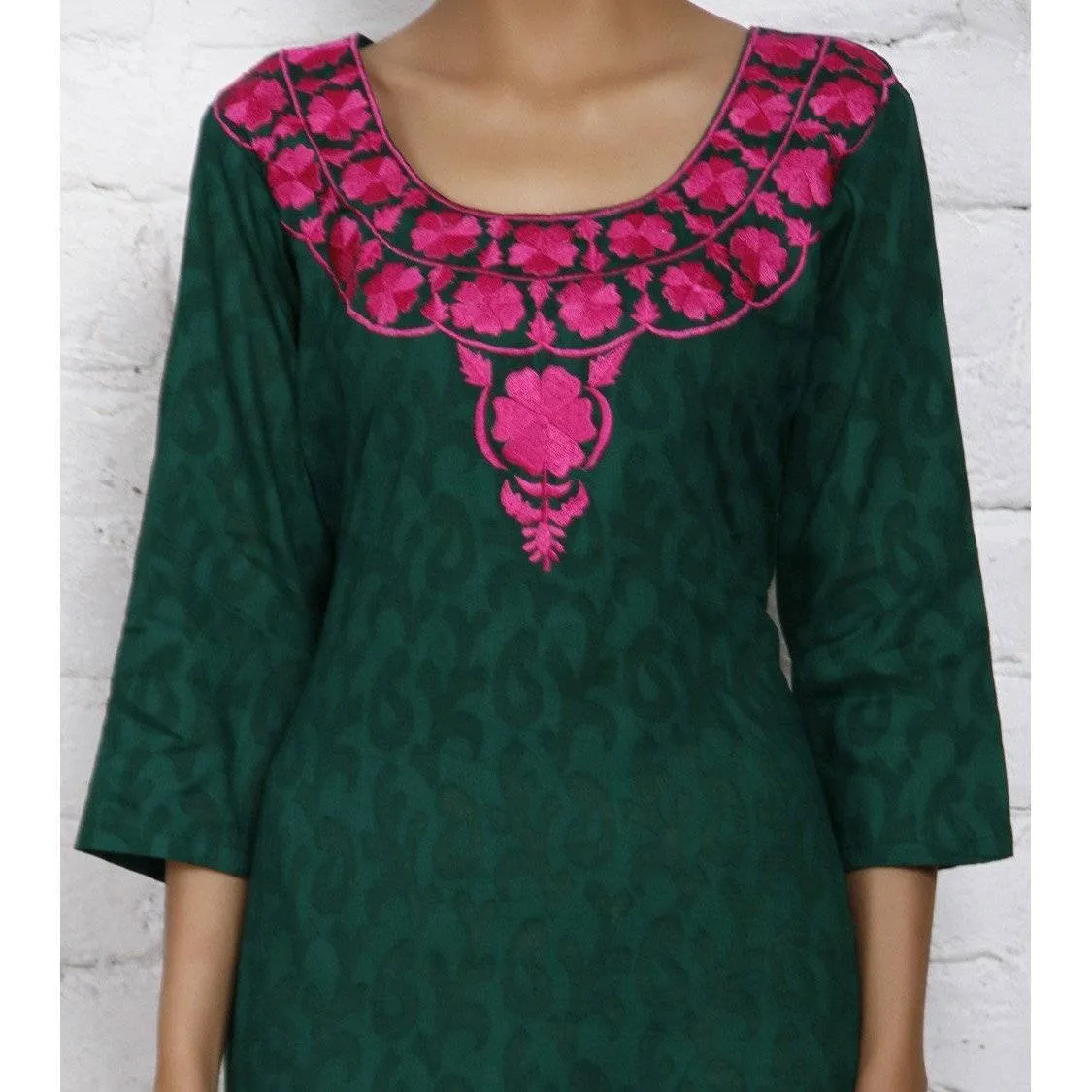 Green Cotton Jacquard Kurti (100000042555)