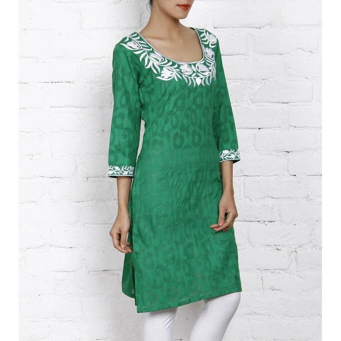 Green Cotton Jacquard - Kurti