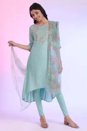 Green Embroidered Asymmetrical Kurta with Leggings & Dupatta Set