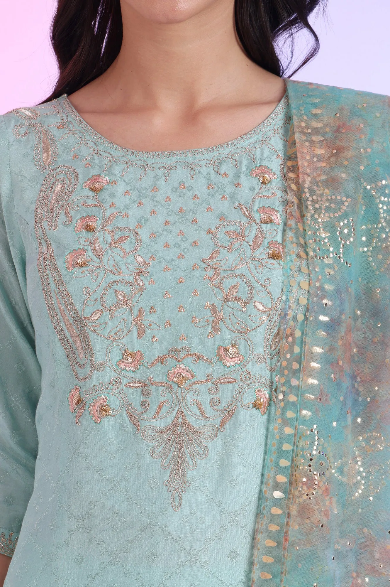 Green Embroidered Asymmetrical Kurta with Leggings & Dupatta Set