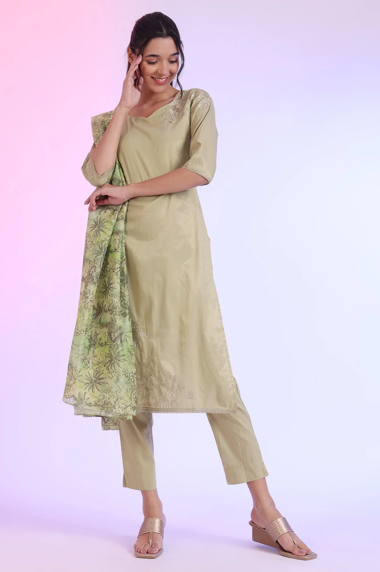 Green Embroidered Blend Straight Kurta with Trousers & Dupatta Set