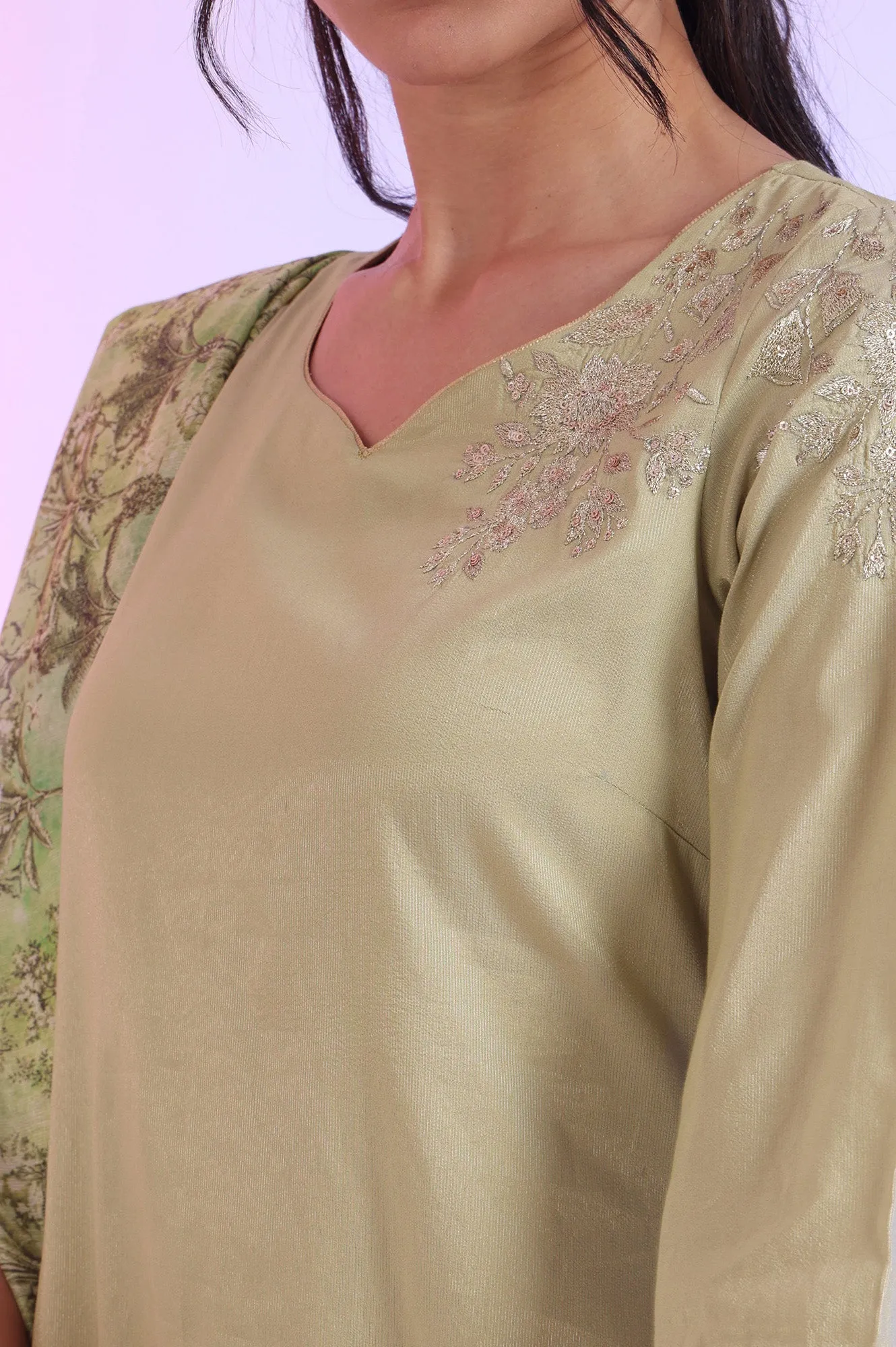 Green Embroidered Blend Straight Kurta with Trousers & Dupatta Set