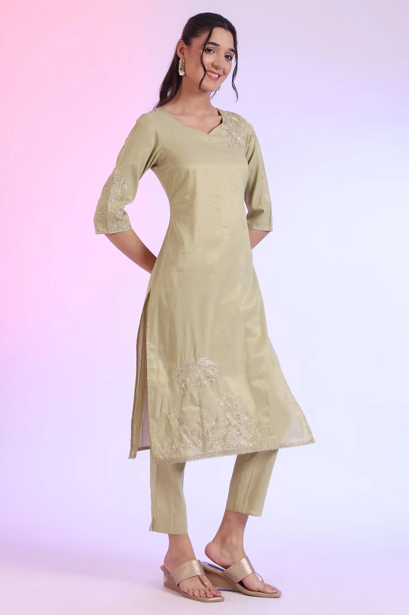 Green Embroidered Blend Straight Kurta with Trousers & Dupatta Set