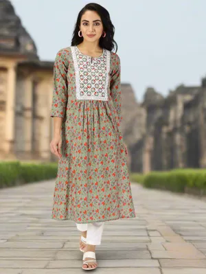 Green Floral Print Kurta with Chikankari Embroidery