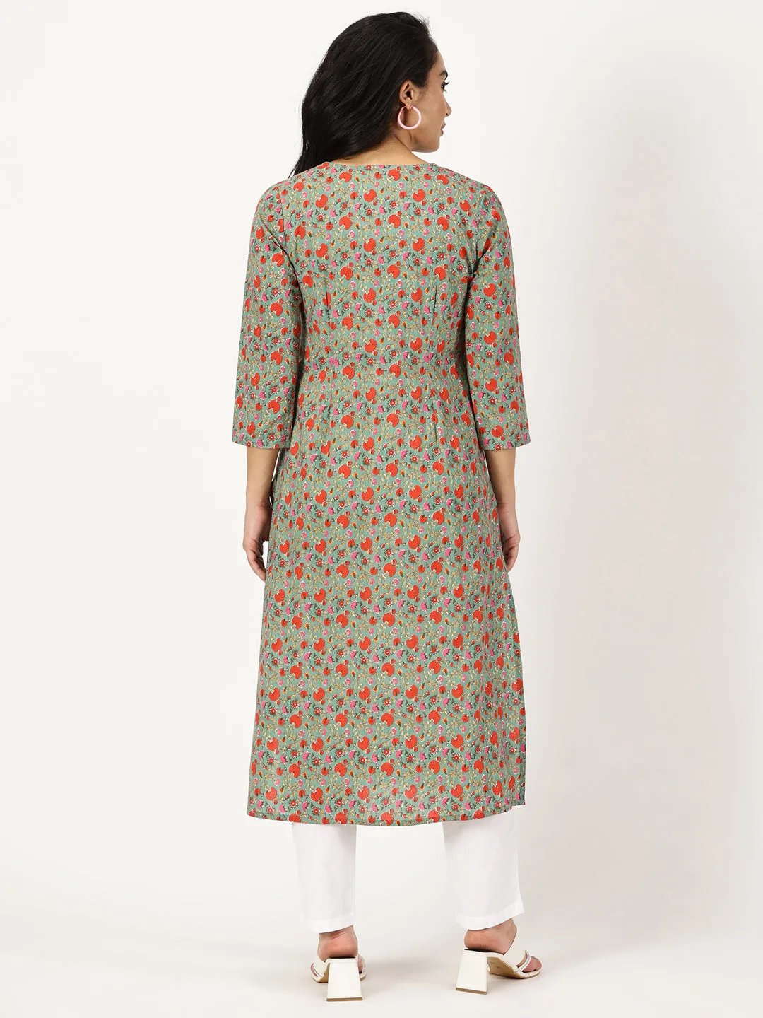 Green Floral Print Kurta with Chikankari Embroidery