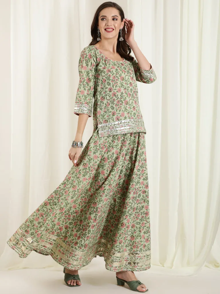 Green Floral Print Short Kurta With Skirt And Dupatta