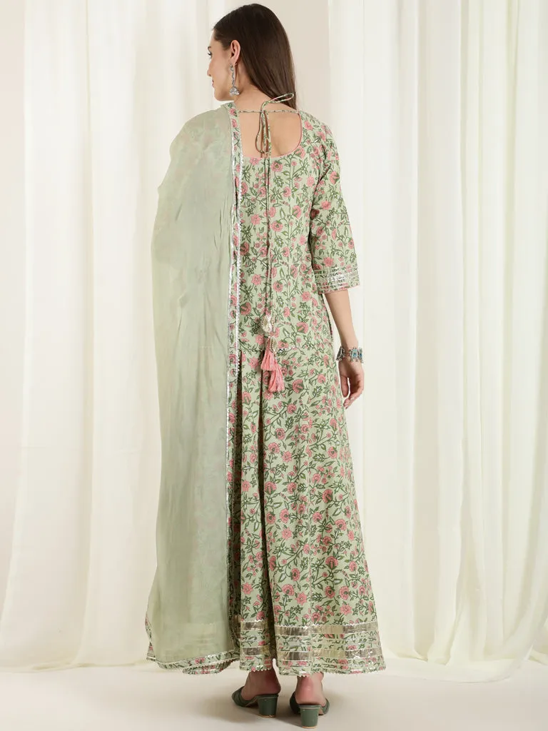 Green Floral Print Short Kurta With Skirt And Dupatta