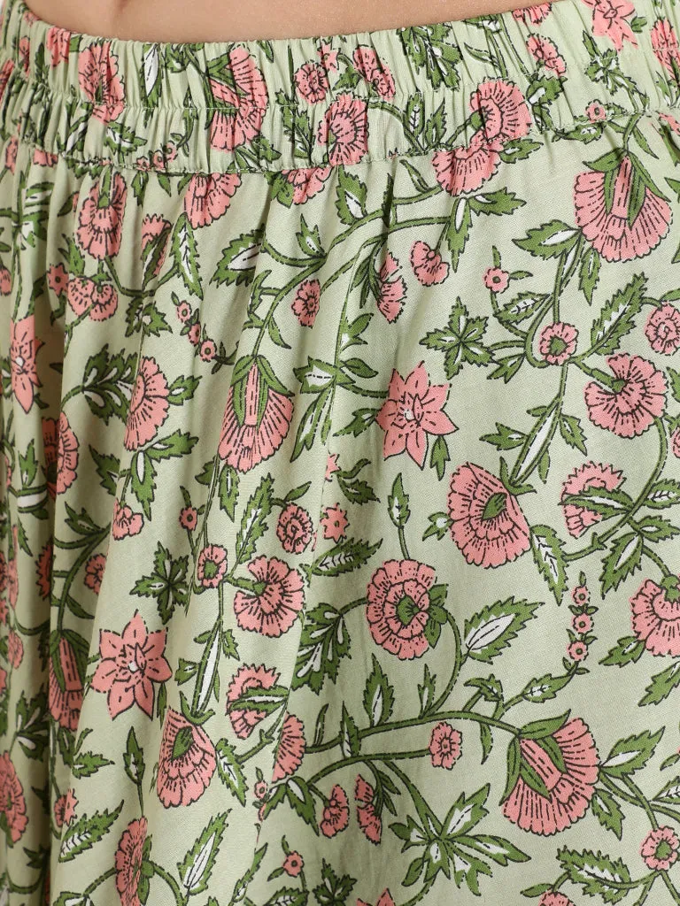 Green Floral Print Short Kurta With Skirt And Dupatta