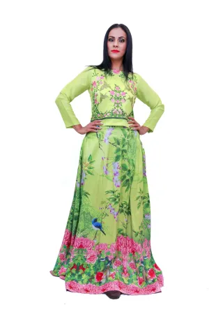 Green Floral Print Skirt and Top Suit