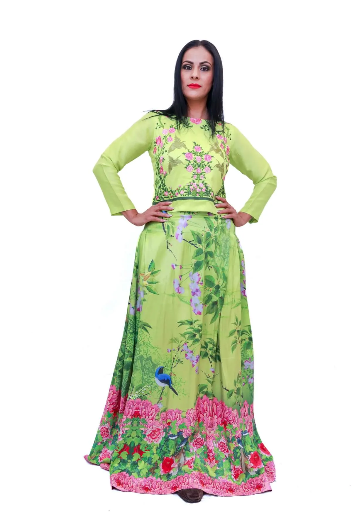 Green Floral Print Skirt and Top Suit