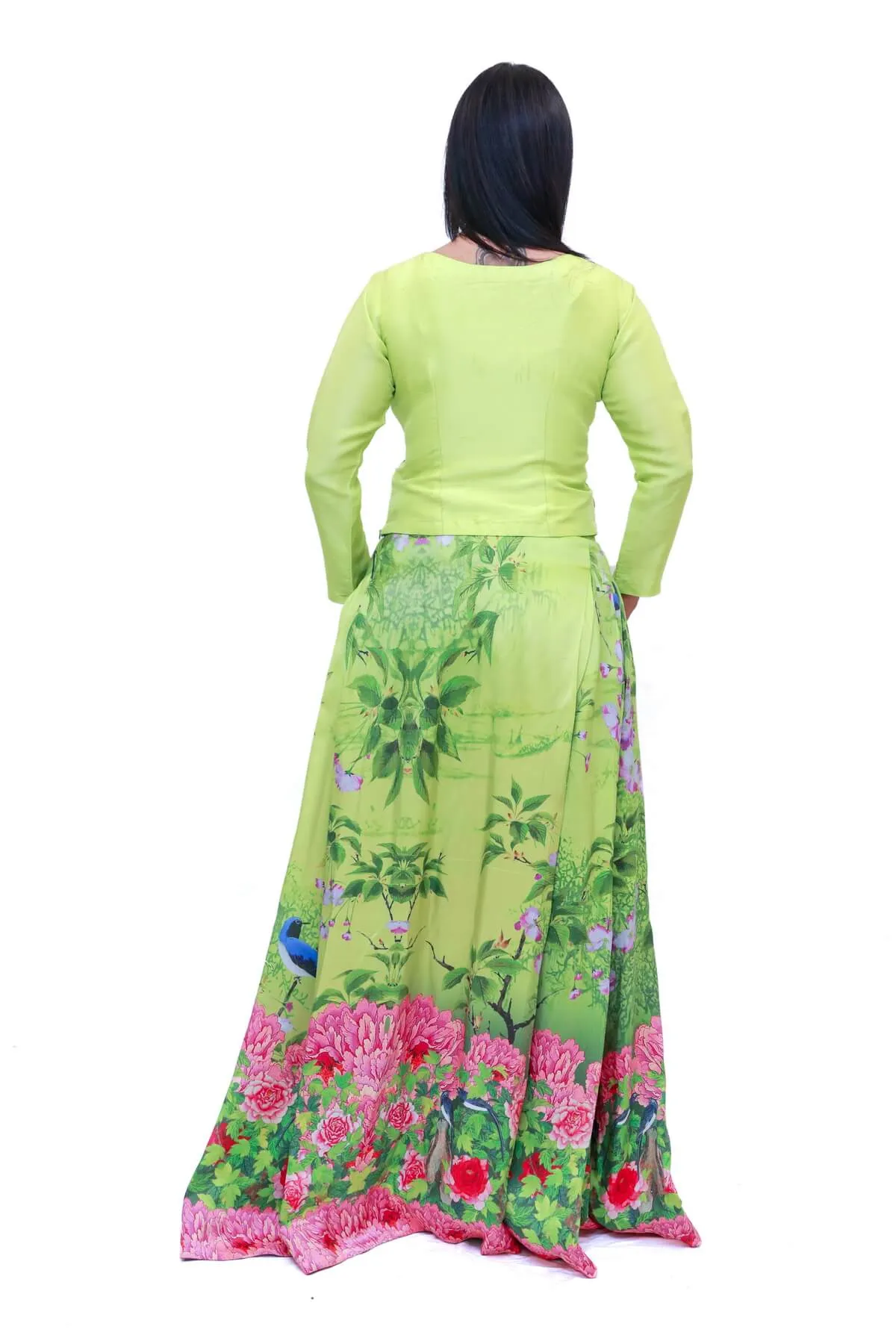 Green Floral Print Skirt and Top Suit