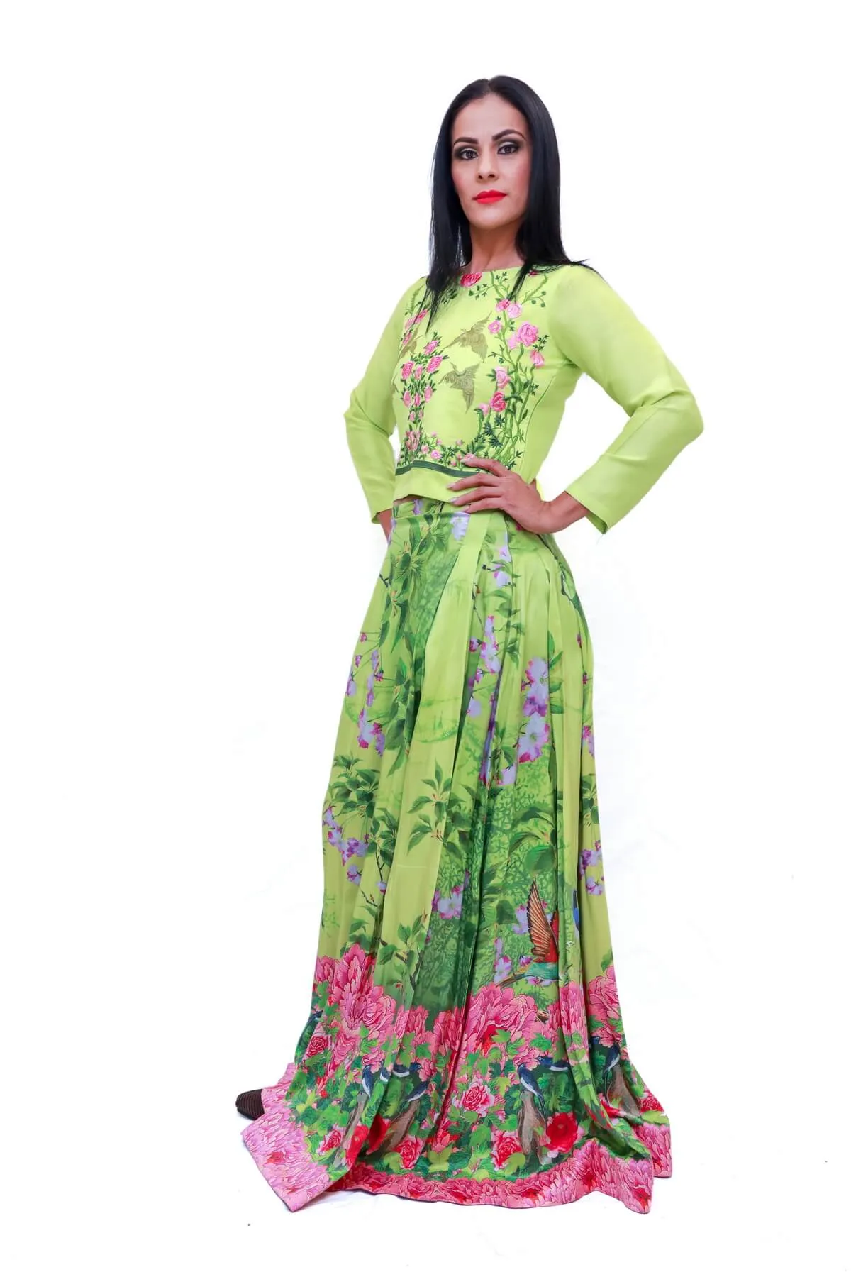 Green Floral Print Skirt and Top Suit