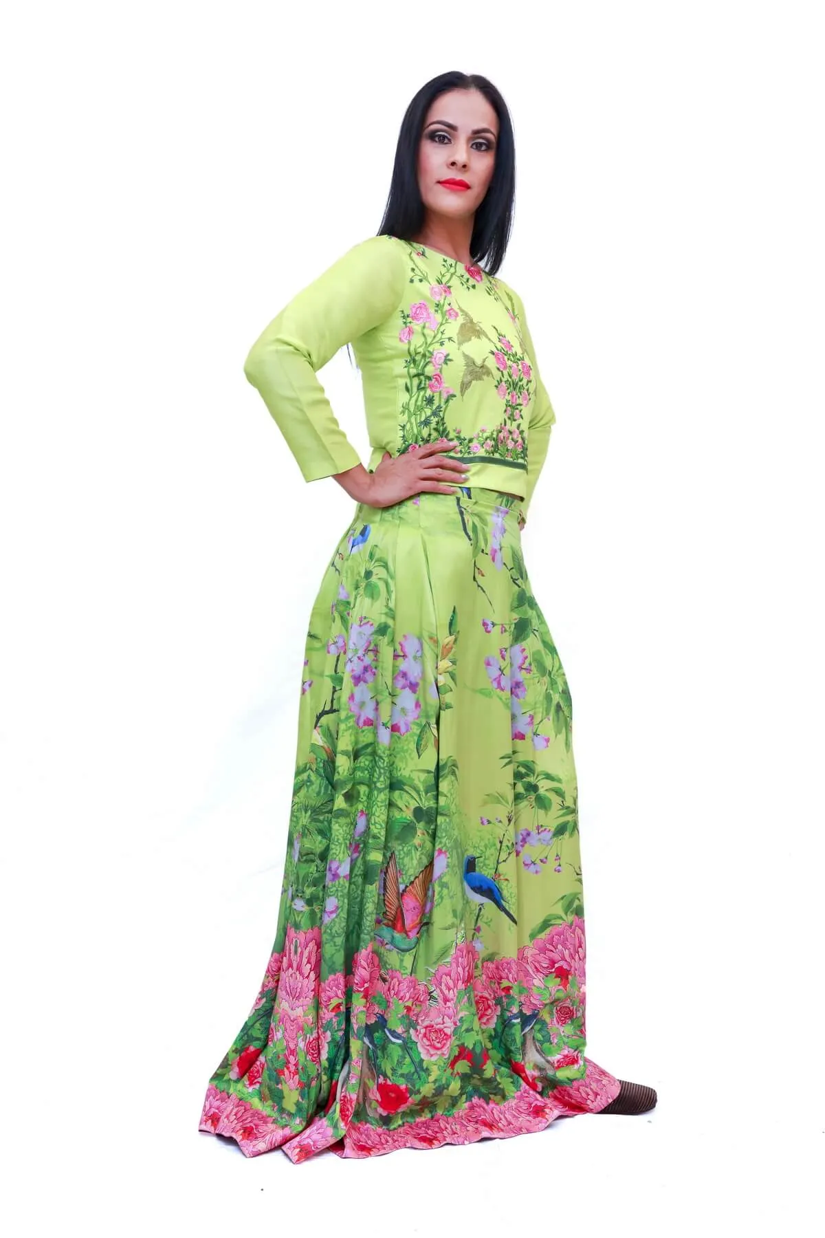 Green Floral Print Skirt and Top Suit