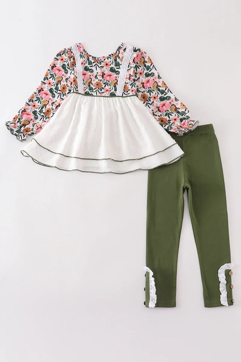 Green Floral Print Swiss Dot Girl Set