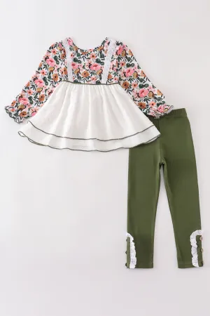 Green Floral Print Swiss Dot Girl Set